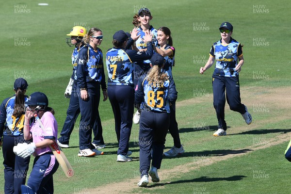 030726 - Glamorgan Women v Middlesex Women - Vitality Blast Women League 2 - Eve Jackson of Glamorgan Women celebrates taking the wicket of Scarlett Hughes of Middlesex Women