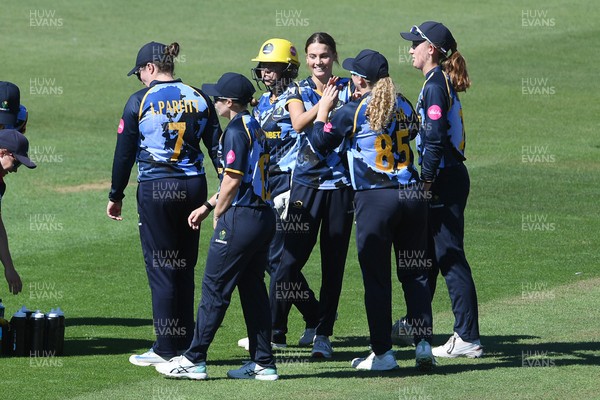 030726 - Glamorgan Women v Middlesex Women - Vitality Blast Women League 2 - Eve Jackson of Glamorgan Women celebrates with team mates after bowling the ball to dismiss Riva Pindoria of Middlesex Women