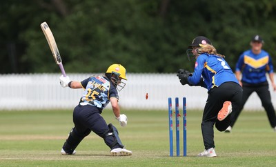 270625  Glamorgan Women v Sussex Sharks, Vitality Blast Women League Two South - Beth Gammon of Glamorgan Women survives as Mollie Adams of Sussex Sharks removes the bails