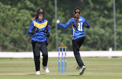 270625  Glamorgan Women v Sussex Sharks, Vitality Blast Women League Two South - Eve O’Neill of Sussex Sharks celebrates as Gemma Porter of Glamorgan Women is out lbw