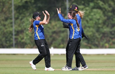 270625  Glamorgan Women v Sussex Sharks, Vitality Blast Women League Two South - Eve O’Neill of Sussex Sharks celebrates as Gemma Porter of Glamorgan Women is out lbw