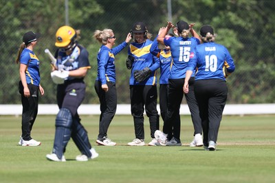 270625  Glamorgan Women v Sussex Sharks, Vitality Blast Women League Two South - Eve O’Neill of Sussex Sharks celebrates as Gemma Porter of Glamorgan Women is out lbw