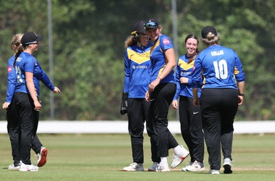 270625  Glamorgan Women v Sussex Sharks, Vitality Blast Women League Two South - Eve O’Neill of Sussex Sharks celebrates as Gemma Porter of Glamorgan Women is out lbw