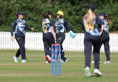 270625  Glamorgan Women v Sussex Sharks, Vitality Blast Women League Two South - Glamorgan celebrate after Georgia Parfitt of Glamorgan Women catches Nancy Harman of Sussex Sharks