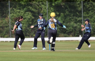 270625  Glamorgan Women v Sussex Sharks, Vitality Blast Women League Two South - Glamorgan celebrate after Izzy Collis of Sussex Sharks is run out