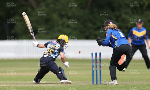 270625  Glamorgan Women v Sussex Sharks, Vitality Blast Women League Two South - Beth Gammon of Glamorgan Women survives as Mollie Adams of Sussex Sharks removes the bails