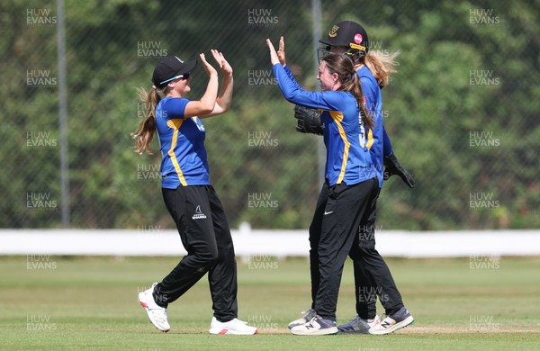 270625  Glamorgan Women v Sussex Sharks, Vitality Blast Women League Two South - Eve O’Neill of Sussex Sharks celebrates as Gemma Porter of Glamorgan Women is out lbw