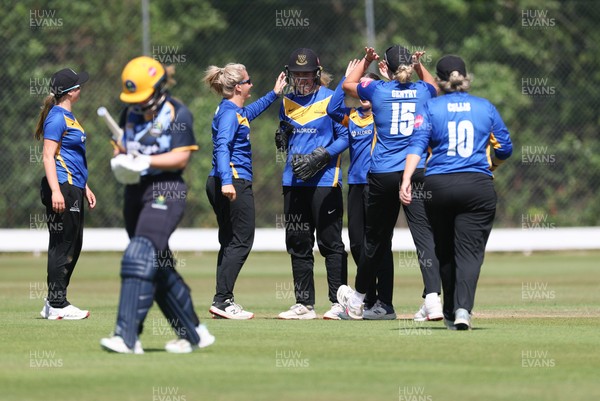 270625  Glamorgan Women v Sussex Sharks, Vitality Blast Women League Two South - Eve O’Neill of Sussex Sharks celebrates as Gemma Porter of Glamorgan Women is out lbw