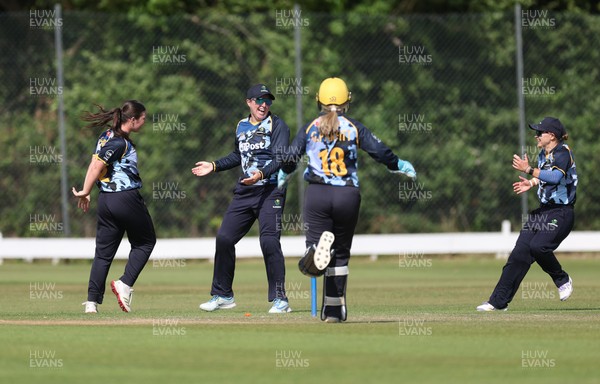 270625  Glamorgan Women v Sussex Sharks, Vitality Blast Women League Two South - Glamorgan celebrate after Izzy Collis of Sussex Sharks is run out
