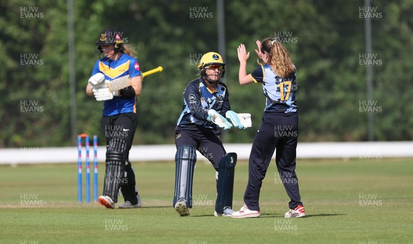 270625  Glamorgan Women v Sussex Sharks, Vitality Blast Women League Two South - Georgia Parfitt of Glamorgan Women and Nicole Reid of Glamorgan Women celebrate as they take the wicket of Mollie Adams of Sussex Sharks