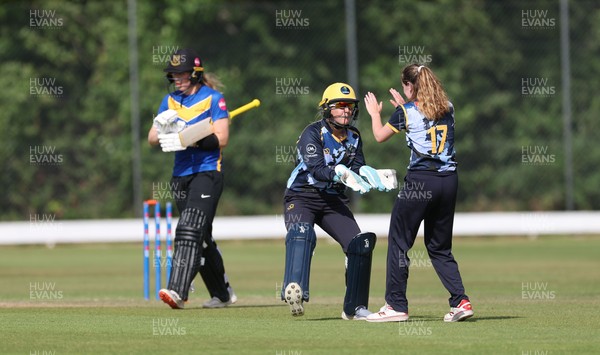 270625  Glamorgan Women v Sussex Sharks, Vitality Blast Women League Two South - Georgia Parfitt of Glamorgan Women and Nicole Reid of Glamorgan Women celebrate as they take the wicket of Mollie Adams of Sussex Sharks