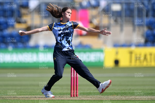 100525 - Glamorgan Women v Sussex Sharks Women, T20 Vitality Blast Women’s County Cup - Eve Jackson of Glamorgan Women bowls the ball to dismiss Jasmine Westley of Sussex Women