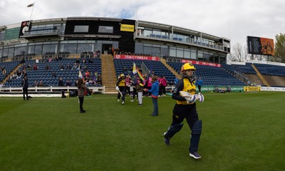 190425 - Glamorgan Women v Sussex Sharks, Metro Bank One Day Cup - Daisy Jeanes of Glamorgan Women runs out as she and Bea Ellis of Glamorgan Women open the batting for Glamorgan Women’s first match