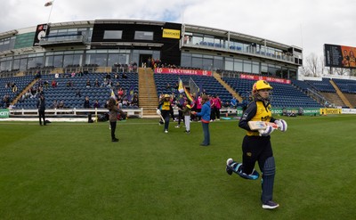 190425 - Glamorgan Women v Sussex Sharks, Metro Bank One Day Cup - Daisy Jeanes of Glamorgan Women runs out as she and Bea Ellis of Glamorgan Women open the batting for Glamorgan Women’s first match