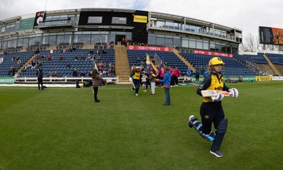 190425 - Glamorgan Women v Sussex Sharks, Metro Bank One Day Cup - Daisy Jeanes of Glamorgan Women runs out as she and Bea Ellis of Glamorgan Women open the batting for Glamorgan Women’s first match