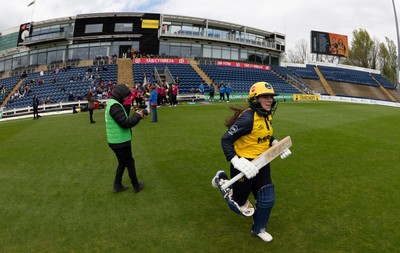 190425 - Glamorgan Women v Sussex Sharks, Metro Bank One Day Cup - Bea Ellis of Glamorgan Women runs out as she and Daisy Jeanes of Glamorgan Women open the batting for Glamorgan Women’s first match