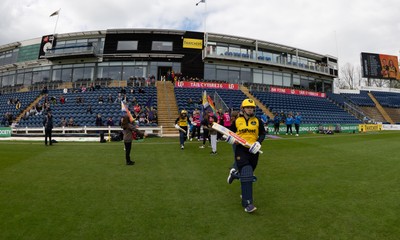 190425 - Glamorgan Women v Sussex Sharks, Metro Bank One Day Cup - Daisy Jeanes of Glamorgan Women runs out as she and Bea Ellis of Glamorgan Women open the batting for Glamorgan Women’s first match