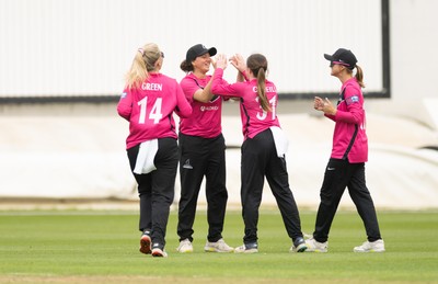 190425 - Glamorgan Women v Sussex Sharks, Metro Bank One Day Cup - Sussex celebrate taking the wicket of Daisy Jeanes of Glamorgan Women