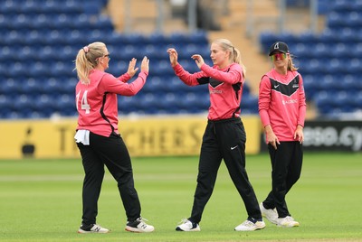 190425 - Glamorgan Women v Sussex Sharks, Metro Bank One Day Cup - Sussex celebrate taking the wicket of Gemma Porter of Glamorgan Women