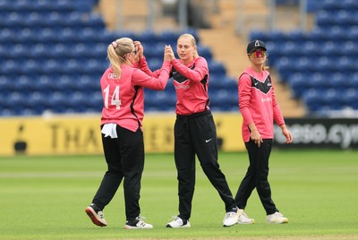 190425 - Glamorgan Women v Sussex Sharks, Metro Bank One Day Cup - Sussex celebrate taking the wicket of Gemma Porter of Glamorgan Women