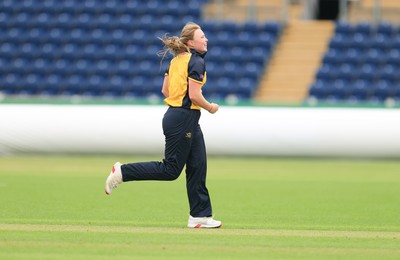 190425 - Glamorgan Women v Sussex Sharks, Metro Bank One Day Cup - Poppy Tulloch of Glamorgan Women celebrates after taking the wicket of Rachel King of Sussex Sharks