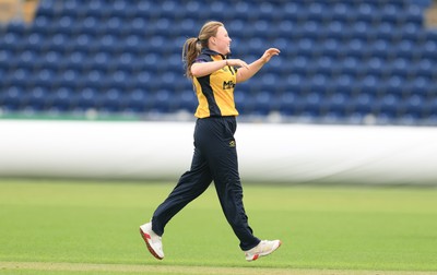190425 - Glamorgan Women v Sussex Sharks, Metro Bank One Day Cup - Poppy Tulloch of Glamorgan Women celebrates after taking the wicket of Rachel King of Sussex Sharks