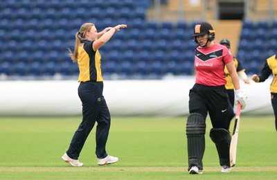 190425 - Glamorgan Women v Sussex Sharks, Metro Bank One Day Cup - Poppy Tulloch of Glamorgan Women celebrates after taking the wicket of Rachel King of Sussex Sharks