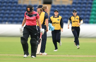 190425 - Glamorgan Women v Sussex Sharks, Metro Bank One Day Cup - Poppy Tulloch of Glamorgan Women celebrates after taking the wicket of Rachel King of Sussex Sharks