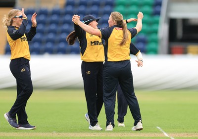 190425 - Glamorgan Women v Sussex Sharks, Metro Bank One Day Cup - Poppy Tulloch of Glamorgan Women celebrates after taking the wicket of Rachel King of Sussex Sharks
