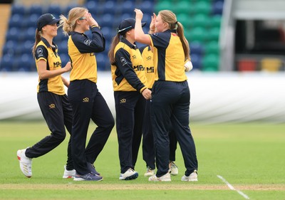 190425 - Glamorgan Women v Sussex Sharks, Metro Bank One Day Cup - Poppy Tulloch of Glamorgan Women celebrates after taking the wicket of Rachel King of Sussex Sharks