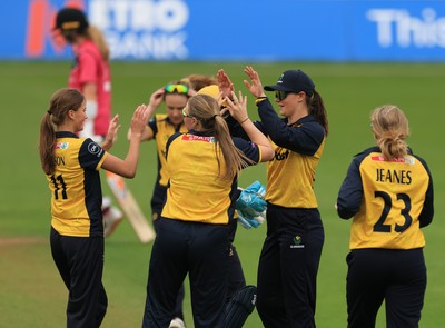 190425 - Glamorgan Women v Sussex Sharks, Metro Bank One Day Cup - Glamorgan Women celebrate taking the wicket of Jazz Westley of Sussex Sharks
