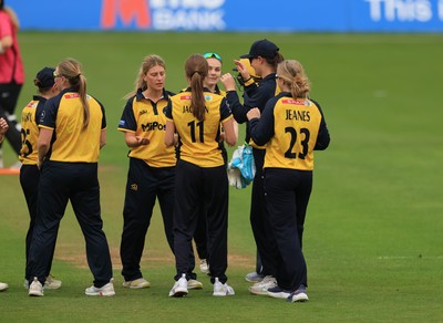 190425 - Glamorgan Women v Sussex Sharks, Metro Bank One Day Cup - Glamorgan Women celebrate taking the wicket of Jazz Westley of Sussex Sharks