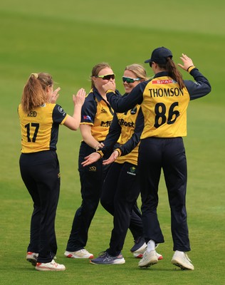 190425 - Glamorgan Women v Sussex Sharks, Metro Bank One Day Cup - Daisy Jeanes of Glamorgan Women celebrates with team mates after she catches Talitha Stanley of Sussex Sharks