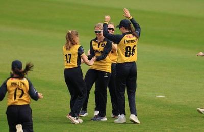 190425 - Glamorgan Women v Sussex Sharks, Metro Bank One Day Cup - Daisy Jeanes of Glamorgan Women celebrates with team mates after she catches Talitha Stanley of Sussex Sharks