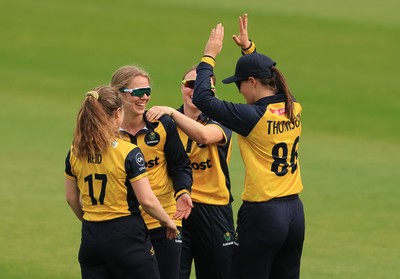 190425 - Glamorgan Women v Sussex Sharks, Metro Bank One Day Cup - Daisy Jeanes of Glamorgan Women celebrates with team mates after she catches Talitha Stanley of Sussex Sharks
