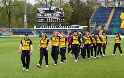 190425 - Glamorgan Women v Sussex Sharks, Metro Bank One Day Cup - Glamorgan Women players leave the pitch at the end of the match after their historic win over Sussex Sharks
