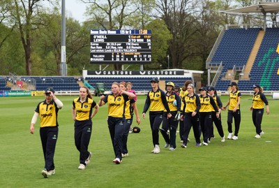 190425 - Glamorgan Women v Sussex Sharks, Metro Bank One Day Cup - Glamorgan Women players leave the pitch at the end of the match after their historic win over Sussex Sharks