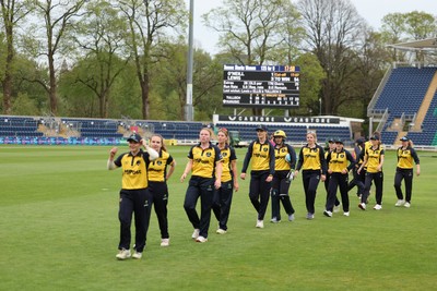 190425 - Glamorgan Women v Sussex Sharks, Metro Bank One Day Cup - Glamorgan Women players leave the pitch at the end of the match after their historic win over Sussex Sharks