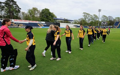 190425 - Glamorgan Women v Sussex Sharks, Metro Bank One Day Cup - Players congratulate each other at the end of the match