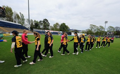 190425 - Glamorgan Women v Sussex Sharks, Metro Bank One Day Cup - Players congratulate each other at the end of the match