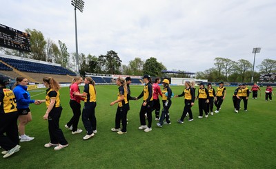 190425 - Glamorgan Women v Sussex Sharks, Metro Bank One Day Cup - Players congratulate each other at the end of the match