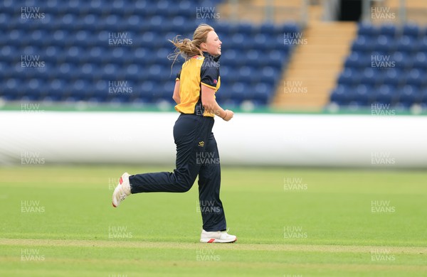 190425 - Glamorgan Women v Sussex Sharks, Metro Bank One Day Cup - Poppy Tulloch of Glamorgan Women celebrates after taking the wicket of Rachel King of Sussex Sharks