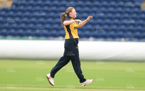 190425 - Glamorgan Women v Sussex Sharks, Metro Bank One Day Cup - Poppy Tulloch of Glamorgan Women celebrates after taking the wicket of Rachel King of Sussex Sharks