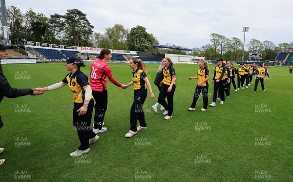 190425 - Glamorgan Women v Sussex Sharks, Metro Bank One Day Cup - Players congratulate each other at the end of the match