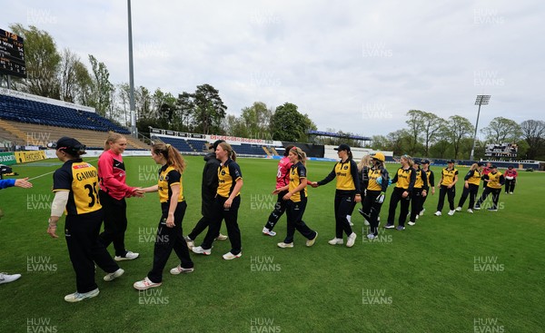 190425 - Glamorgan Women v Sussex Sharks, Metro Bank One Day Cup - Players congratulate each other at the end of the match