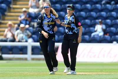 050726 - Glamorgan Women v Worcestershire Rapids Women - Vitality Blast Women League 2 - Gemma Porter of Glamorgan Women bowls the ball to dismiss Sanya Khurana of Worcestershire