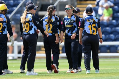 050726 - Glamorgan Women v Worcestershire Rapids Women - Vitality Blast Women League 2 - Glamorgan celebrate as they run out Madison Windeatt of Worcestershire