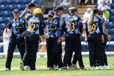 050726 - Glamorgan Women v Worcestershire Rapids Women - Vitality Blast Women League 2 - Glamorgan celebrate as they run out Madison Windeatt of Worcestershire