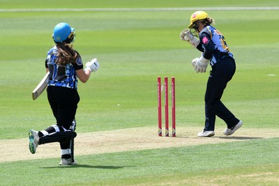 050726 - Glamorgan Women v Worcestershire Rapids Women - Vitality Blast Women League 2 - Lucy Harris of Worcestershire is run out by Bethan Gammon and Megan Sturge of Glamorgan Women