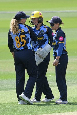 050726 - Glamorgan Women v Worcestershire Rapids Women - Vitality Blast Women League 2 - Lucy Harris of Worcestershire is run out by Bethan Gammon and Megan Sturge of Glamorgan Women